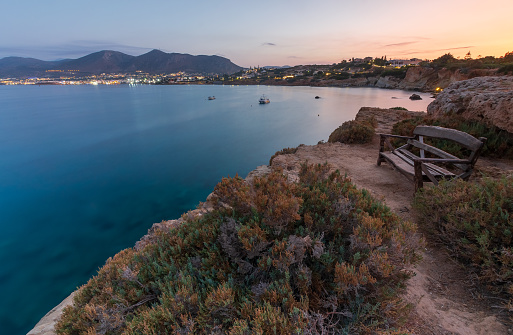 Panoramic view on the beach in Crete in the evening. Long exposure. Greece.