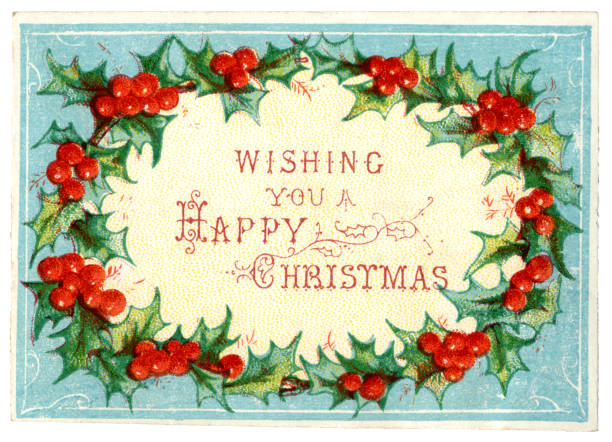 Victorian Christmas card with holly wreath, 1875 A Victorian Christmas card from 1875 with a holly wreath surrounding the greeting, “Wishing you a Happy Christmas”. archival stock illustrations