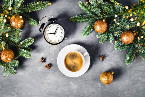 Morning coffee composition. Christmas picture.