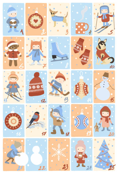 ilustraciones, imágenes clip art, dibujos animados e iconos de stock de calendario de advenimiento de navidad - advent calendar advent christmas childhood