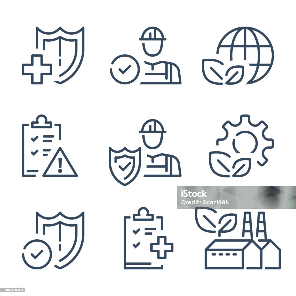HSE concept, occupational safety and health administration, production factory and environment HSE concept, occupational safety and health administration, production factory and environment, medical insurance, labor preventive instructions, worker protection, vector line icon Icon Symbol stock vector