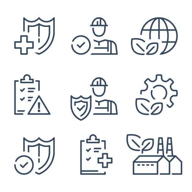 HSE concept, occupational safety and health administration, production factory and environment HSE concept, occupational safety and health administration, production factory and environment, medical insurance, labor preventive instructions, worker protection, vector line icon environment icons stock illustrations