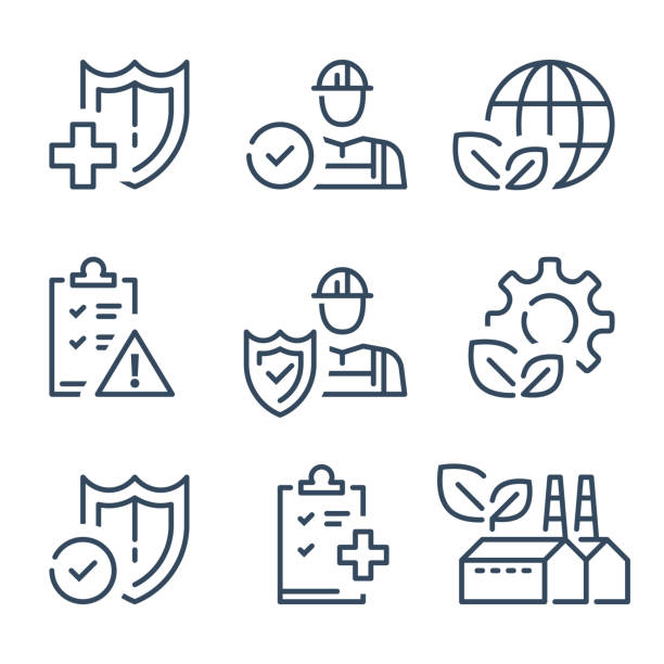 HSE concept, occupational safety and health administration, production factory and environment HSE concept, occupational safety and health administration, production factory and environment, medical insurance, labor preventive instructions, worker protection, vector line icon occupational safety and health stock illustrations