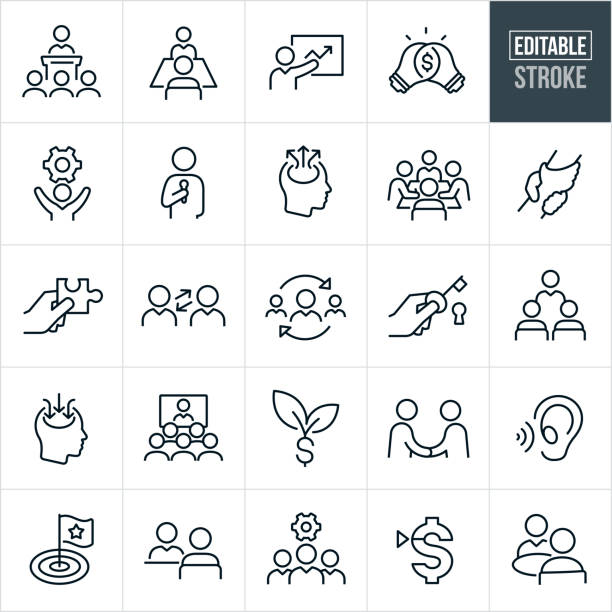 Consulting Thin Line Icons - Editable Stroke A set consulting icons that include editable strokes or outlines using the EPS vector file. The icons include business consultants, consultants consulting, consultant giving a presentation, giving a speech, giving a training and providing group as well as one on one consulting. they include the concept of consulting to boost productivity and increase company sales. puzzle symbols stock illustrations