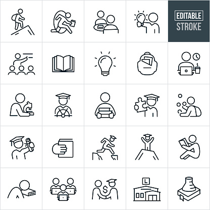 A set college education icons that include editable strokes or outlines using the EPS vector file. The icons include college students, college student with backpack, students studying, student with lightbulb, professor giving lecture, open book, lightbulb, backpack, student at laptop, student with microscope, graduate, graduation, student carrying books, graduate holding puzzle piece, student juggling, student holding diploma, student excelling, student reading, job offer, library and other related concepts.