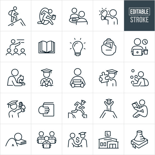 College Education Thin Line Icons - Editable Stroke A set college education icons that include editable strokes or outlines using the EPS vector file. The icons include college students, college student with backpack, students studying, student with lightbulb, professor giving lecture, open book, lightbulb, backpack, student at laptop, student with microscope, graduate, graduation, student carrying books, graduate holding puzzle piece, student juggling, student holding diploma, student excelling, student reading, job offer, library and other related concepts. student stock illustrations