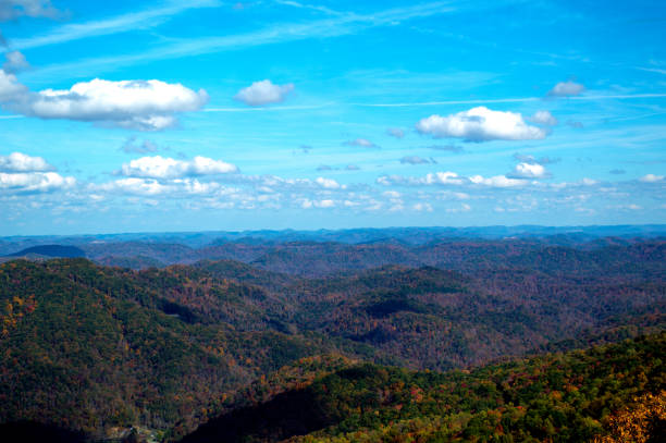 A view from the Creech Overlook of changing leaf color at Kingdom Come State Park, located in Harlan County, in southeastern Kentucky. It covers nearly 1,300 acres and has an elevation of 2,700 feet. It has overlooks, hiking trails, picnic areas, and a small lake.