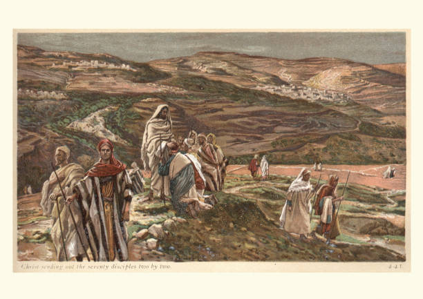 Jesus Christ sending out the seventy disciples two by two Vintage engraving of Jesus Christ sending out the seventy disciples two by two. Jesus, 19th Century. James Tissot Worshipper stock illustrations