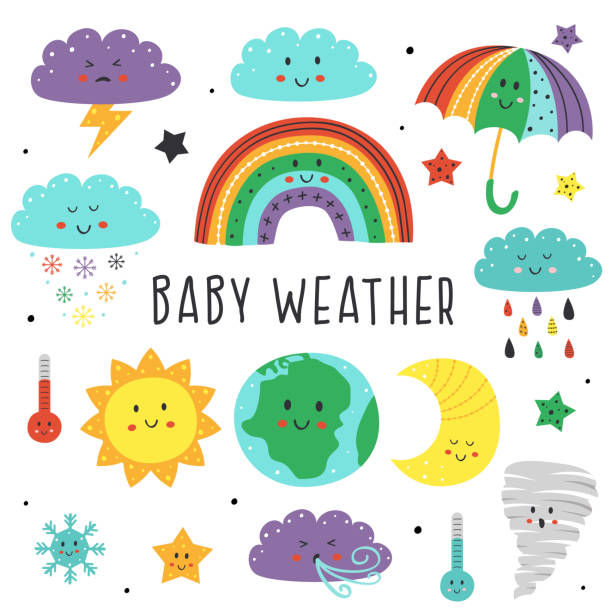 ilustraciones, imágenes clip art, dibujos animados e iconos de stock de conjunto de elementos aislados del clima del bebé - colors color image rainbow umbrella