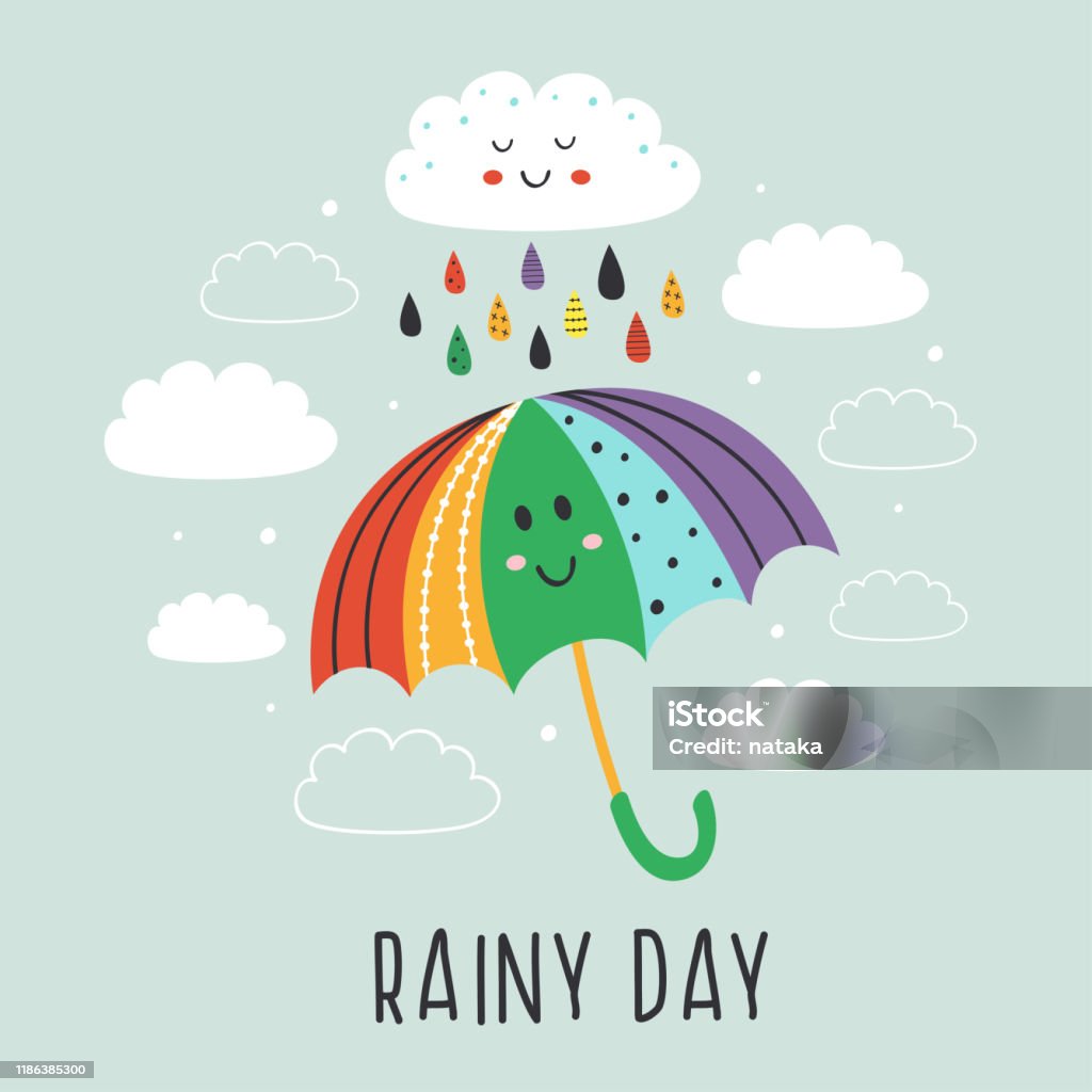 Poster With Cute Umbrella And Rain Cloud Stock Illustration ...