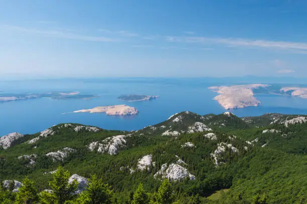 View from the top of Velebit mountain to islands Krk, Cres, Pag, Goli Otok, Mali Losinj and Adriatic sea