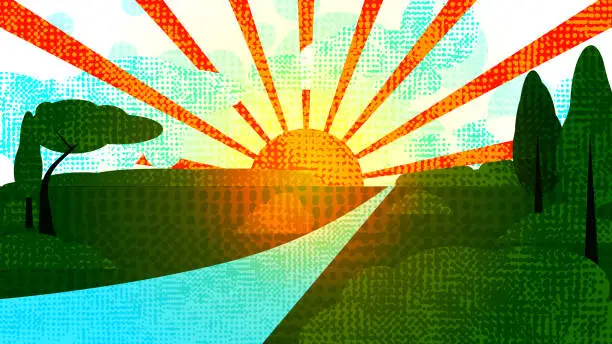 Vector illustration of Sunset over a summer green meadow - Modern vector digital landscape.