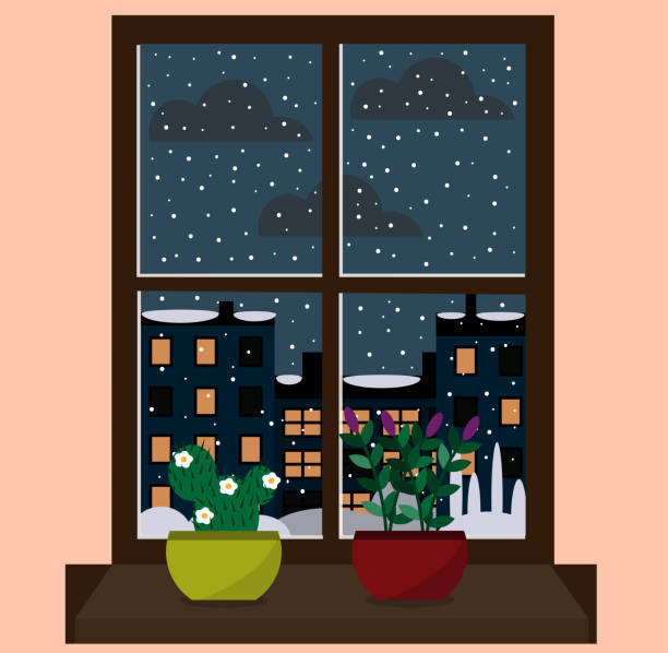 window view of the snowy city window view of the snowy city zills stock illustrations