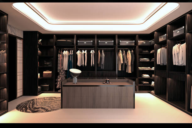 3d render of fashion shop, walk in closet - lifestyles designer store luxury imagens e fotografias de stock