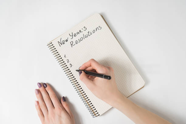 istock Phrase New Year's resolutions in the notebook. Female hands with pen 1186390561