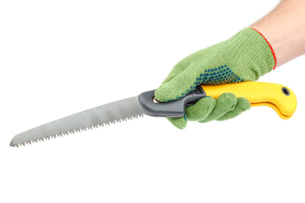 istock Folding garden saw in hand with glove 1186394088
