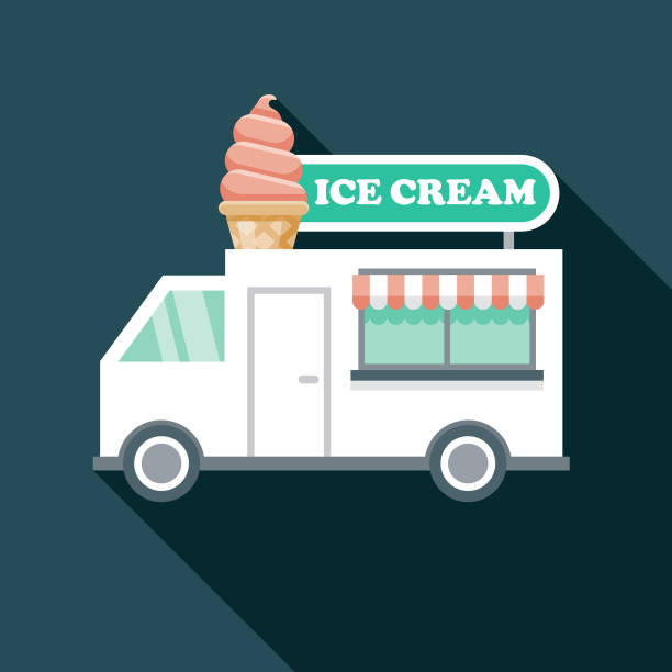 Ice Cream Truck Icon A flat design food truck icon with a long shadow. File is built in the CMYK color space for optimal printing. Color swatches are global so it’s easy to change colors across the document. ice cream van stock illustrations
