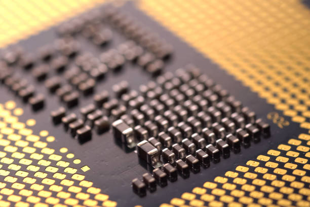 istock Contacts on the surface of central processor. Elements of electr 1186394266