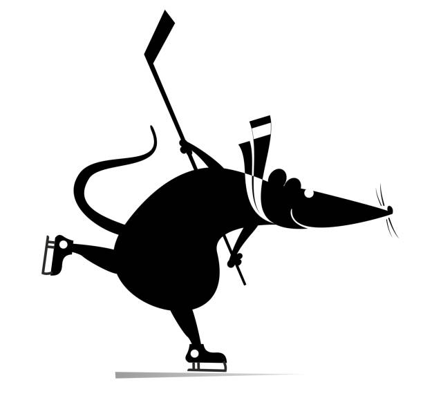 Cartoon rat or mouse an ice hockey player black on white illustration Cartoon rat or mouse plays ice hockey original silhouette isolated opossum silhouette stock illustrations