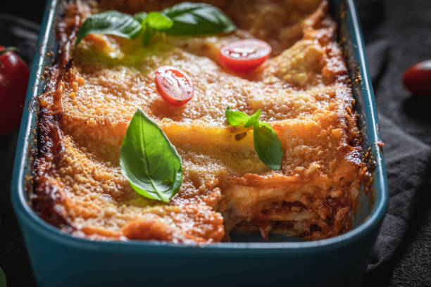 istock Tasty lasagna baked in casserole with cheese 1186397600