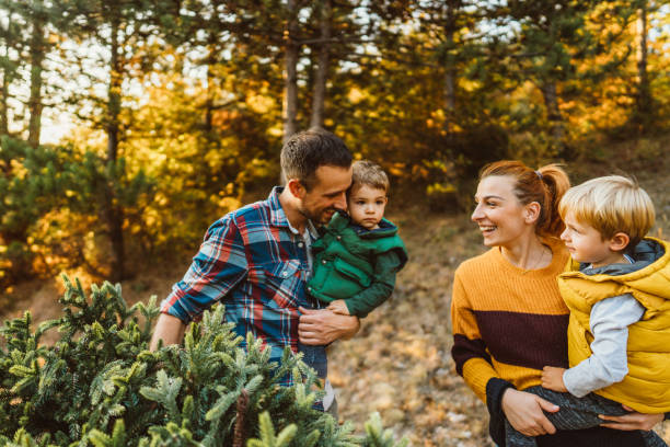 istock Young family carrying home their Christmas tree 1186406059