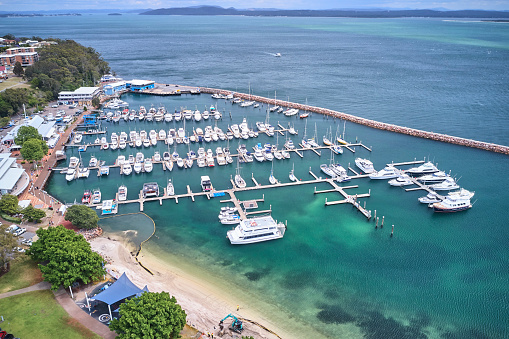 A harbour full of boats in the seaside town of Port Stephens, NSW.