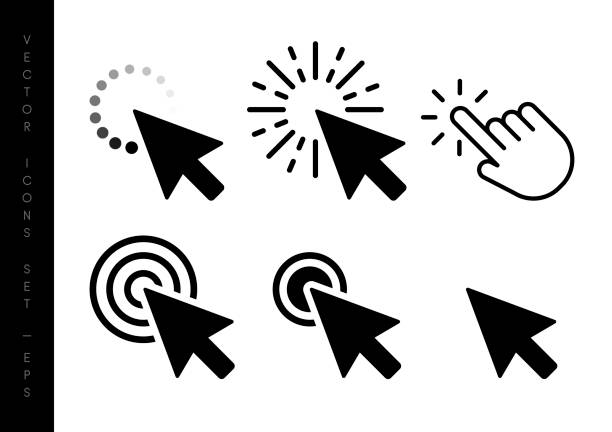 illustrazioni stock, clip art, cartoni animati e icone di tendenza di il mouse del computer fa clic sulle icone delle frecce nere del cursore impostate. illustrazione vettoriale - cursore