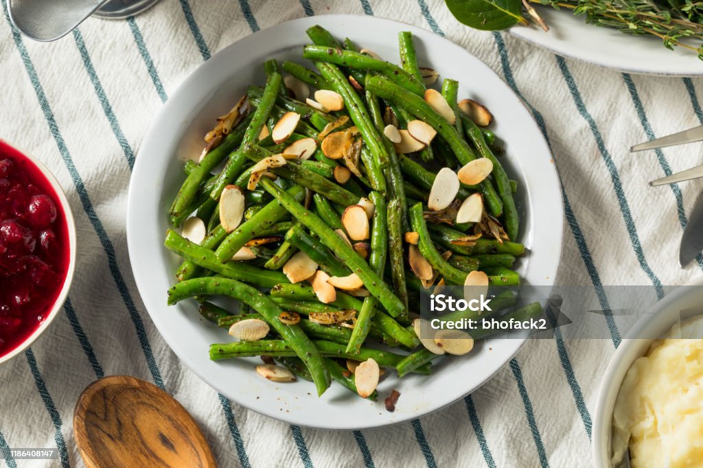 Homemade Sauteed Green Beans Homemade Sauteed Green Beans with Almonds for Thanksgiving Green Bean Stock Photo