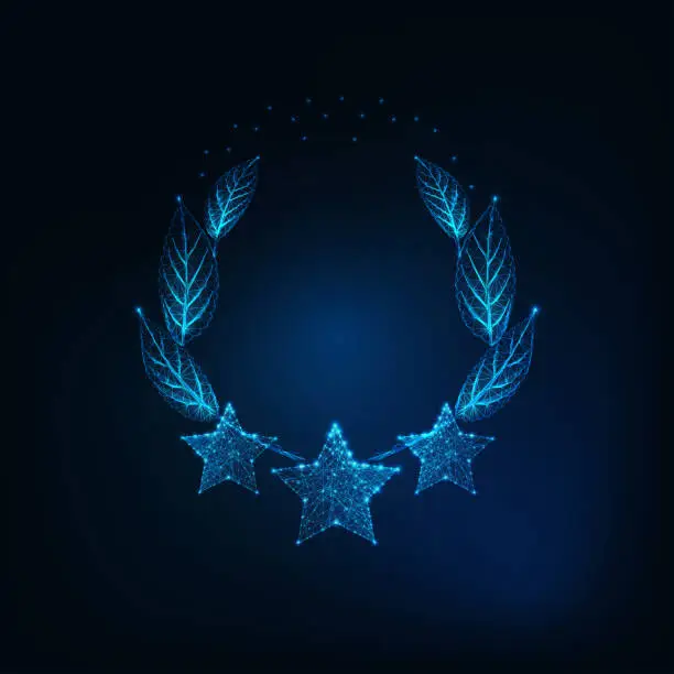 Vector illustration of Futuristic glowing low polygonal three stars and laurel wreath isolated on dark blue background.