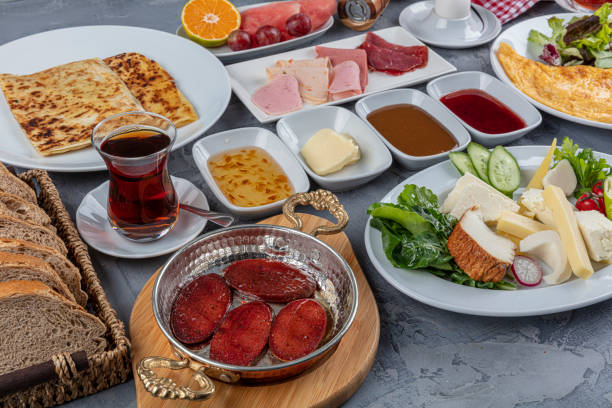 Traditional Turkish Breakfast Table. Turkish style breakfast. Traditional Turkish Breakfast Table (Serpme Kahvalti). Turkish style breakfast. turkish sausage stock pictures, royalty-free photos & images
