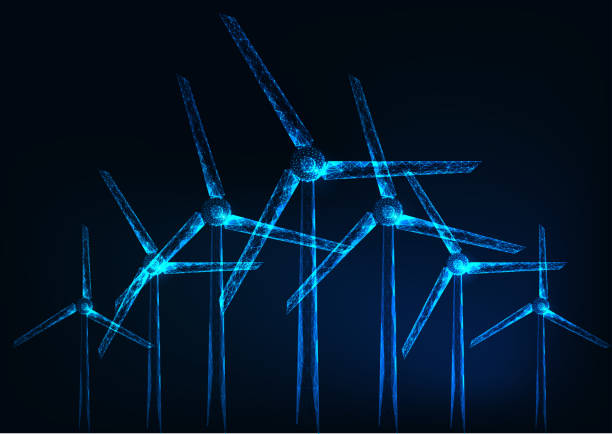 illustrazioni stock, clip art, cartoni animati e icone di tendenza di futuristico parco a vento poligonale basso incandescente su sfondo blu scuro. - offshore wind