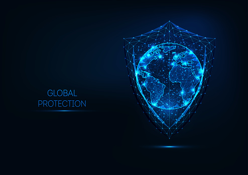 Futuristic glowing low polygonal shield wand planet earth globe map isolated on dark blue background. Global data protection concept. Modern wireframe design vector illustration.