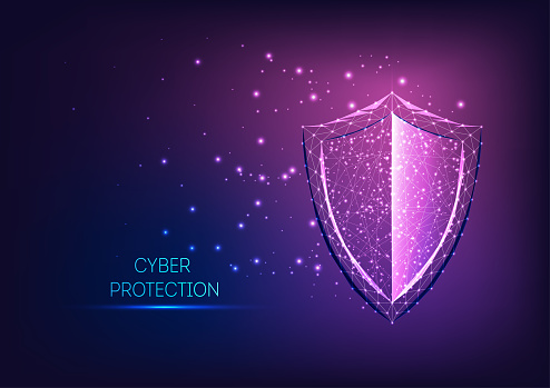 Futuristic glowing low polygonal guard shield symbol isolated on dark blue to purple gradient background. Cyber security. data protection concept. Modern wire frame mesh design vector illustration.