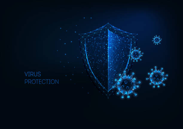 ilustrações de stock, clip art, desenhos animados e ícones de futuristic virus protection concept with glowing low polygonal shield and virus cells. - virus protection