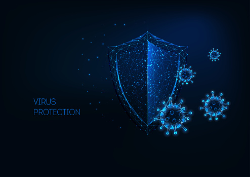 Futuristic virus protection concept with glowing low polygonal shield and virus cells on dark blue background. Antibiotics, vaccination. Modern wireframe design vector illustration.
