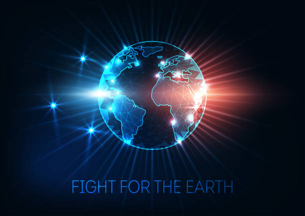 Fight for the Earth, climate change, global warming concept World map globe. Fight for the Earth, climate change, global warming concept with futuristic glowing low polygonal World map globe, rays, stars, sparkles. Modern wireframe design vector illustration. climate protest stock illustrations