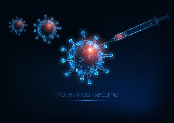 미래빛나는 낮은 다각형 로타 바이러스 또는 인플루엔자 바이러스 세포와 백신 주사기. - rotavirus stock illustrations