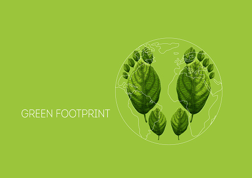 Environment protection concept with ecological footprints made of green leaves and planet Earth map outline on green background. Cartoon style vector illustration.
