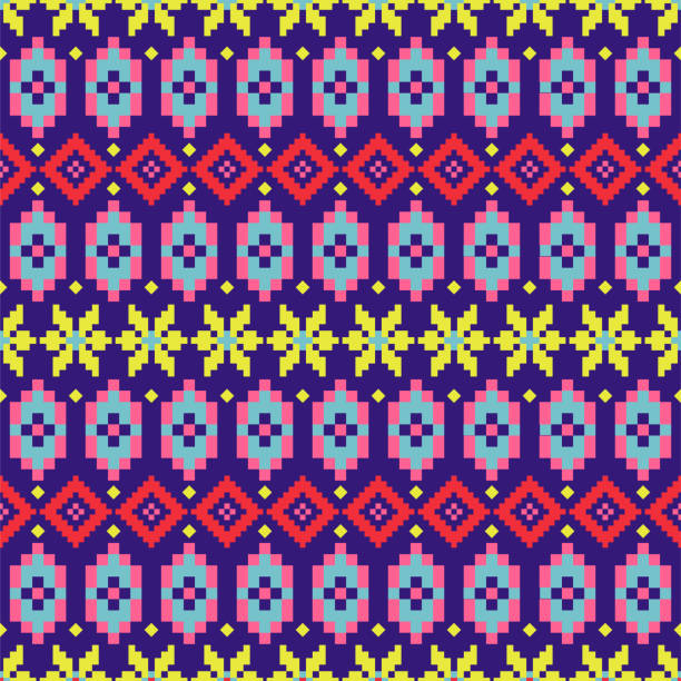 Geometric folk seamless pattern colorful pixelated shapes texture. Geometric folk seamless pattern colorful pixelated shapes texture. Bright colors vector fabric background. Winter sweater pattern ornament. chunky sweater stock illustrations