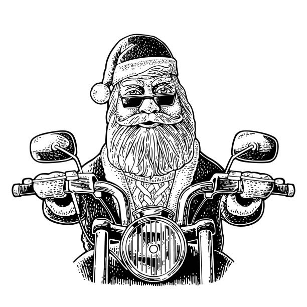 ilustrações de stock, clip art, desenhos animados e ícones de santa claus riding a motorcycle. vector vintage black engraving - motorcycle biker riding motorcycle racing