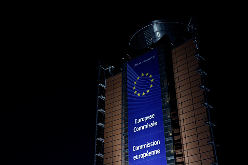 The headquarters of the European Commission with its illumination switch on prior to the 'Earth Hour' event in Brussels, Belgium on March 24, 2018.