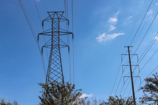 torri elettriche di linea elettrica ad alta tensione e cieli blu bella giornata di sole in south carolina - epg foto e immagini stock