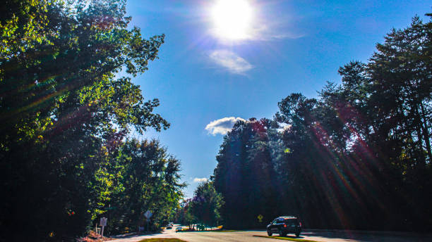 giornata di sole nella carolina del sud fort mill tega cay drive. cielo blu chiaro e raggi del sole, sole luminoso sul paesaggio degli alberi - epg foto e immagini stock