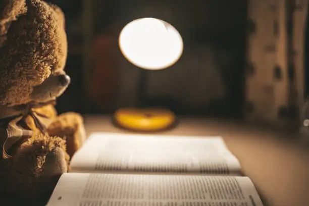 Teddy bear reading a book with nightlight in room