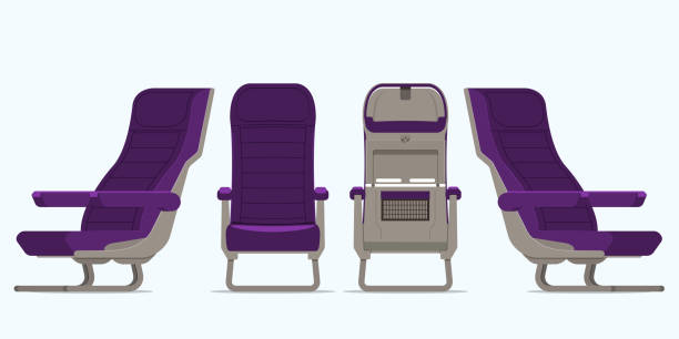 ilustraciones, imágenes clip art, dibujos animados e iconos de stock de asiento de avión en varios puntos de vista. sillón o taburete en vista delantera, vista trasera, vista lateral. icono de mobiliario para diseño interior de transporte plano en estilo plano. vector. - seat