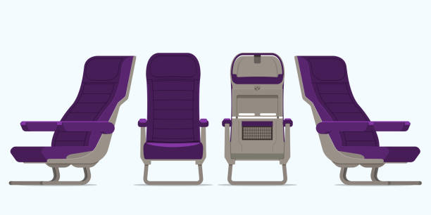 다양한 관점의 비행기 좌석. 전면보기, 후면보기, 측면보기의 안락 의자 또는 의자. 평면 스타일의 평면 수송 인테리어 디자인에 대한 가구 아이콘입니다. 벡터. - seat stock illustrations