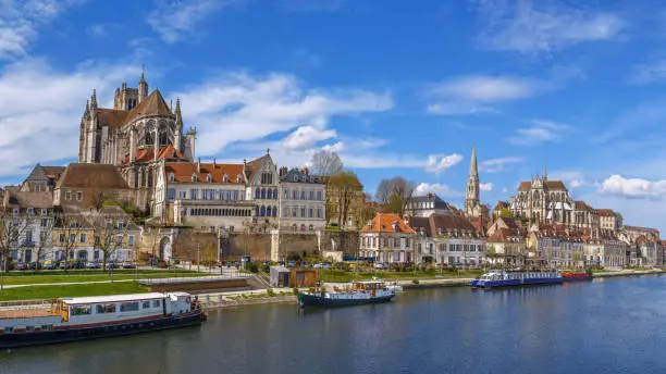 Panoramic view of  Auxerre cathedral and Abbey of Saint-Germain from Yonne river, Auxerre, France