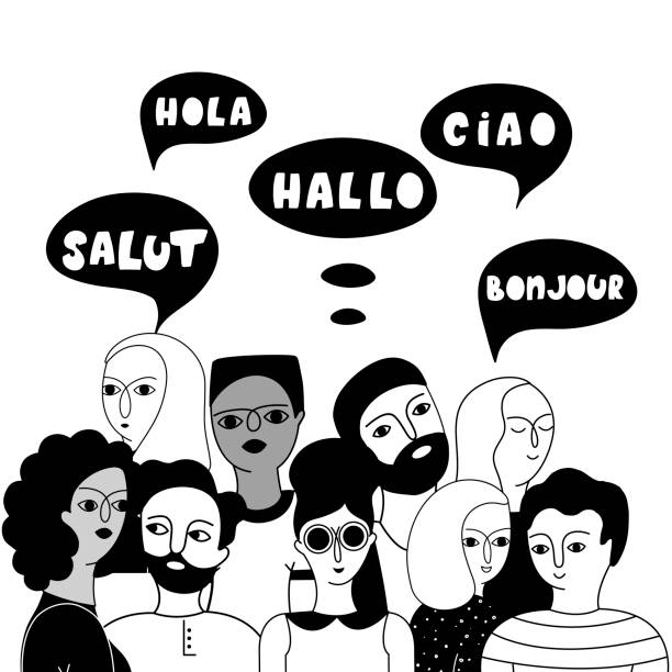 Multilingual group of people together vector illustration Multilingual group of people together vector illustration. Hello in English, French, Spanish, Italian languages in speech bubbles. Young multicultural male and female outline characters communication spanish culture illustrations stock illustrations