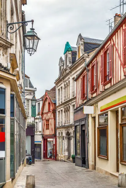 Strret with historical  half-timbered houses in Auxerre downtown, France