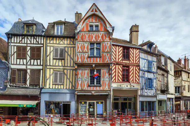 Strret with historical  half-timbered houses in Auxerre downtown, France